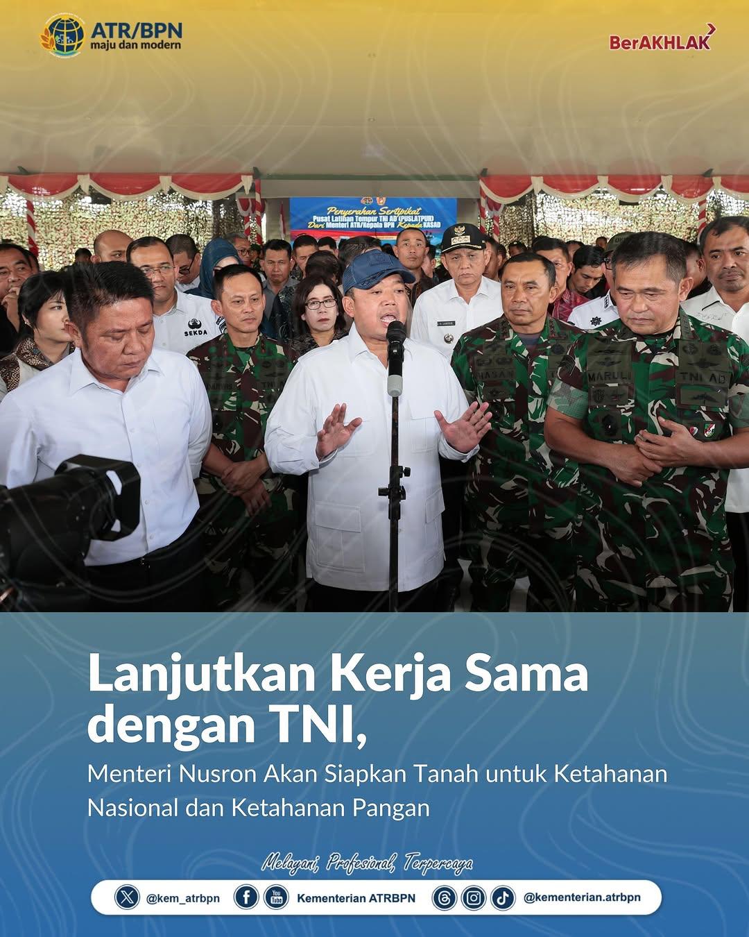 Menteri ATR/BPN mengungkapkan bahwa pemerintah telah menyiapkan lahan di 326 kabupaten untuk mendukung rencana pembentukan 500 batalion baru oleh Tentara Nasional Indonesia (TNI).