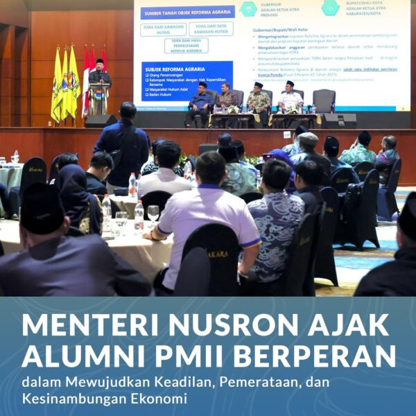 Nusron Wahid, mengajak Pengurus Besar Ikatan Alumni Pergerakan Mahasiswa Islam Indonesia (PB IKA-PMII) untuk berperan aktif dalam mewujudkan keadilan, pemerataan, dan kesinambungan ekonomi melalui program Reforma Agraria.