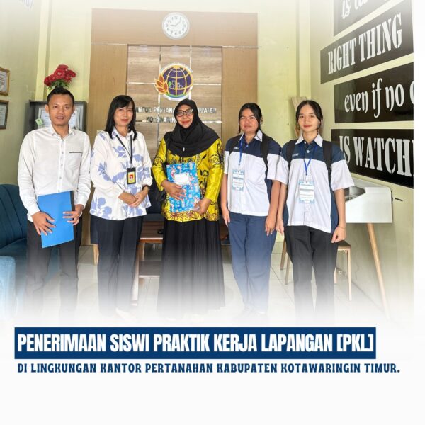 Kantor Pertanahan Kabupaten Kotawaringin Timur telah menerima Guru Pembimbing dan 2(dua) Siswa Magang dari SMKN-1 Palangkaraya dalam rangka Penerimaan Siswa-siswi untuk melaksanakan Praktik Kerja Lapangan (PKL) di Lingkungan Kantor Pertanahan Kabupaten Kotawaringin Timur.