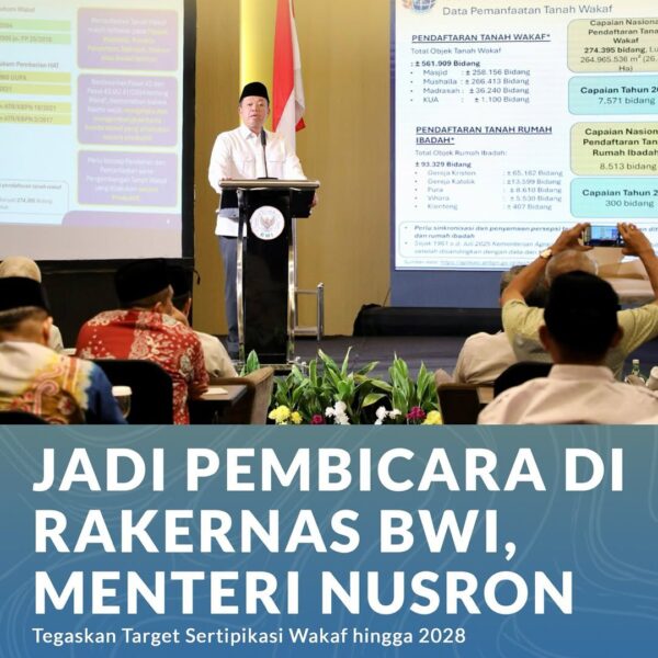 Menteri Agraria dan Tata Ruang/Kepala Badan Pertanahan Nasional (ATR/BPN), Nusron Wahid, menegaskan komitmen pemerintah untuk mempercepat sertipikasi tanah wakaf di seluruh Indonesia.
