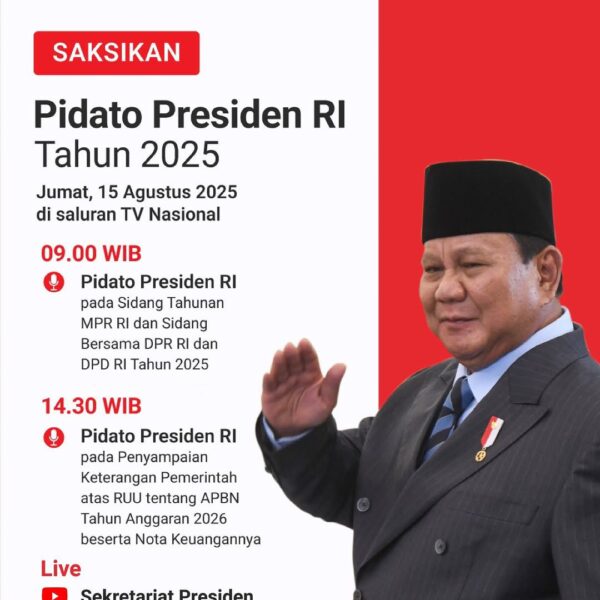 Dalam rangkaian perayaan menyambut HUT ke-80 Republik Indonesia, Presiden RI Prabowo Subianto akan menyampaikan Pidato Kenegaraan pada Sidang Tahunan MPR RI dan Sidang Bersama DPR RI dan DPD RI, serta pidato Penyampaian RUU APBN tahun 2026 beserta nota keuangannya.
