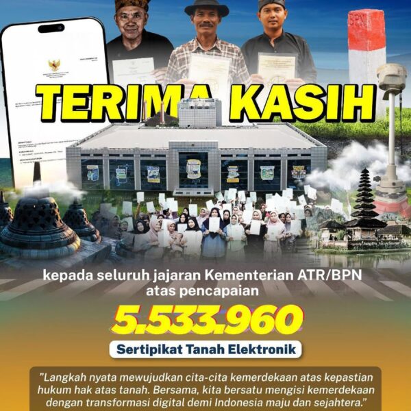 Terima kasih kepada seluruh insan pertanahan dan tata ruang atas pencapaian 5.533.960 Sertipikat Elektronik.