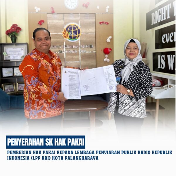 Kepala Kantor Pertanahan Kabupaten Kotawaringin Timur telah melaksanakan Penyerahan SK Pemberian Hak Pakai kepada Lembaga Penyiaran Publik Radio Republik Indonesia (LPP RRI) Kota Palangkaraya yang dilaksanakan di Kantor Pertanahan Kabupaten Kotawaringin Timur.