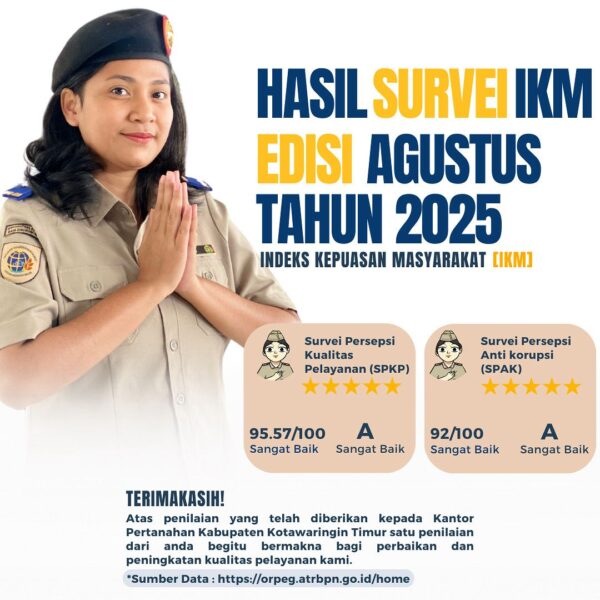 Berikut ini adalah hasil Survei IKM/IPK bulan Agustus 2025 pada Kantor Pertanahan Kabupaten Kotawaringin Timur