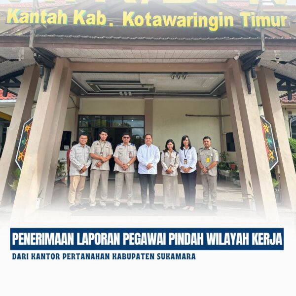 Kepala kantor Pertanahan Kabupaten Kotawaringin Timur di dampingi Pejabat Pengawas telah menerima kunjungan dari Kantor Pertanahan Kabupaten Sukamara. Adapun kunjungan ini dalam rangka silaturahmi dan pelaporan pegawai yang pindah wilayah kerja ke Kantor Pertanahan Kabupaten Kotawaringin Timur.