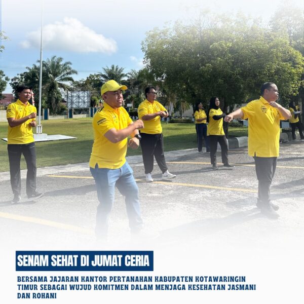 Kantor Pertanahan Kabupaten Kotawaringin Telah melaksanakan keseruan senam sehat di Jumat ceria bersama Jajaran Kantor Pertanahan Kabupaten Kotawaringin Timur sebagai wujud komitmen dalam menjaga kesehatan jasmani dan rohani, sekaligus mempererat kebersamaan antar pegawai.