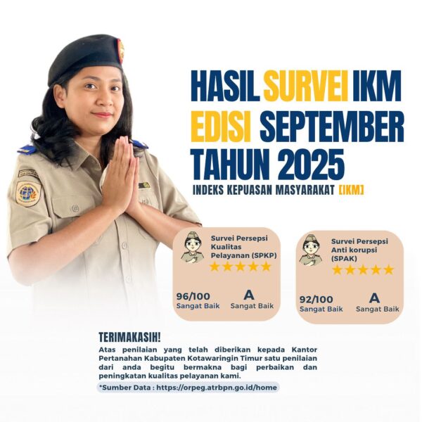Berikut ini adalah hasil Survei IKM/IPK bulan September 2025 pada Kantor Pertanahan Kabupaten Kotawaringin Timur