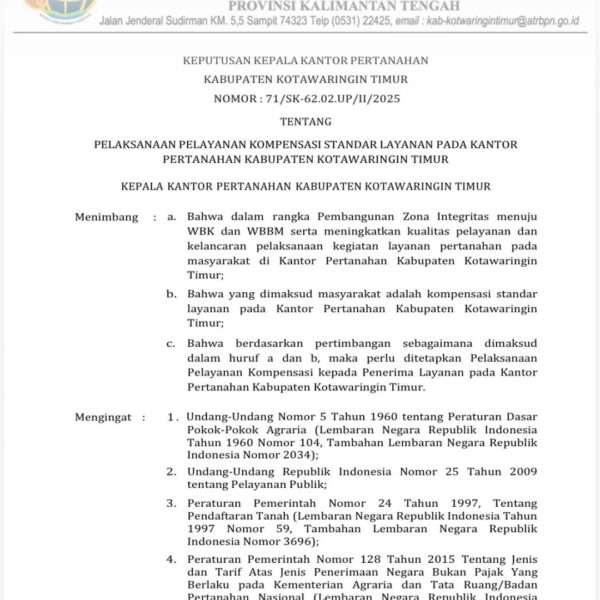 Berikut kami informasikan Surat Keputusan Kepala Kantor Pertanahan Kabupaten Kotawaringin Timur tentang PEMBERIAN KOMPENSASI PELAYANAN PERTANAHAN PADA KANTOR PERTANAHAN KABUPATEN KOTAWARINGIN TIMUR tahun 2025.