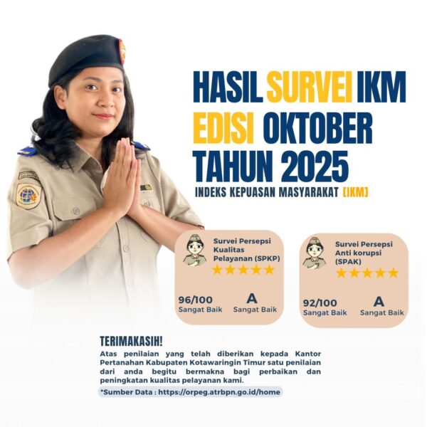 Berikut ini adalah hasil Survei IKM/IPK bulan September 2025 pada Kantor Pertanahan Kabupaten Kotawaringin Timur