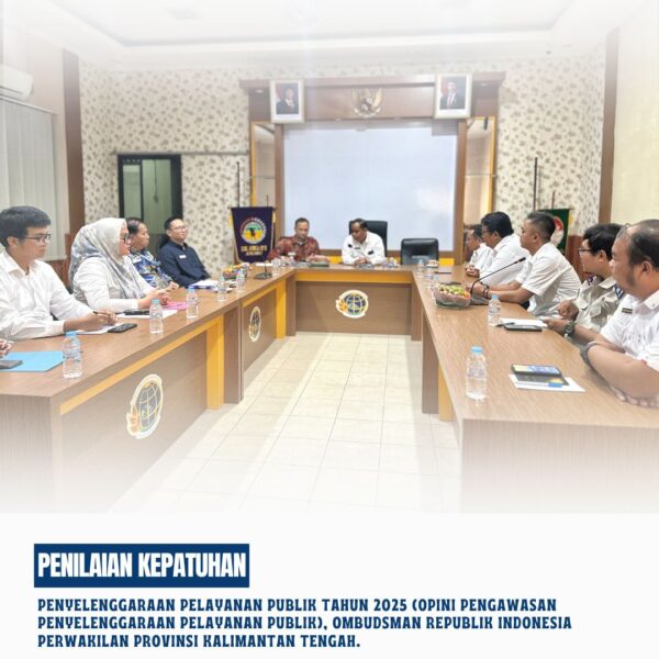 Kepala Kantor Pertanahan Kabupaten Kotawaringin Timur Bapak Mumin Haryanto, S.H beserta Pejabat Pengawas telah Menerima Ombudsman Republik Indonesia Perwakilan Provinsi Kalimantan Tengah melakukan kunjungan ke Kantor Pertanahan Kabupaten Kotawaringin Timur Dalam rangka Penilaian Kepatuhan Penyelenggaraan Pelayanan Publik Tahun 2025 (Opini Pengawasan Penyelenggaraan Pelayanan Publik).