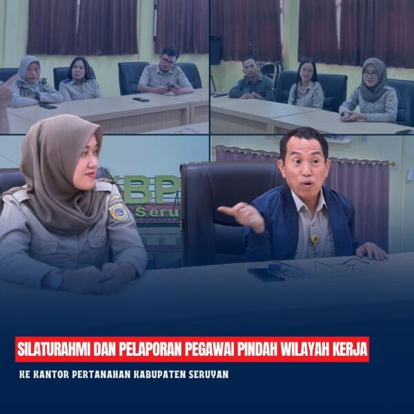 Kantor Pertanahan Kabupaten Kotawaringin Timur beserta Pejabat Pengawas telah melaksanakan kunjungan ke Kantor Pertanahan Kabupaten Seruyan dalam rangka silaturahmi dan pelaporan pegawai yang pindah wilayah kerja.