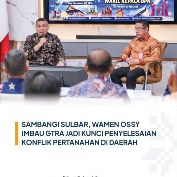 Wamen ATR/Waka BPN, Ossy Dermawan, menegaskan bahwa Gugus Tugas Reforma Agraria (GTRA) menjadi instrumen penting dalam mempercepat penyelesaian konflik pertanahan di daerah saat kunjungan ke Kanwil BPN Provinsi Sulawesi Barat