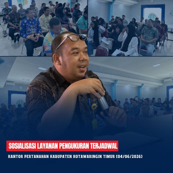 Kantor Pertanahan Kab Kotim telah melaksanakan Sosialisasi layanan Pengukuran terjadwal pada kantor pertanahan kabupaten kotawaringin timur yang di pimpin langsung oleh Kepala Seksi survei pemetaan dan dilaksanakan di Ruang PTSL kantor Pertanahan Kabupaten Kotawaringin Timur