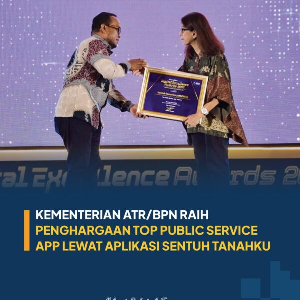 Kementerian Agraria dan Tata Ruang/Badan Pertanahan Nasional (ATR/BPN) yang mengembangkan aplikasi Sentuh Tanahku meraih penghargaan Top Public Service App kategori Kementerian pada ajang Digital Excellence Awards 202