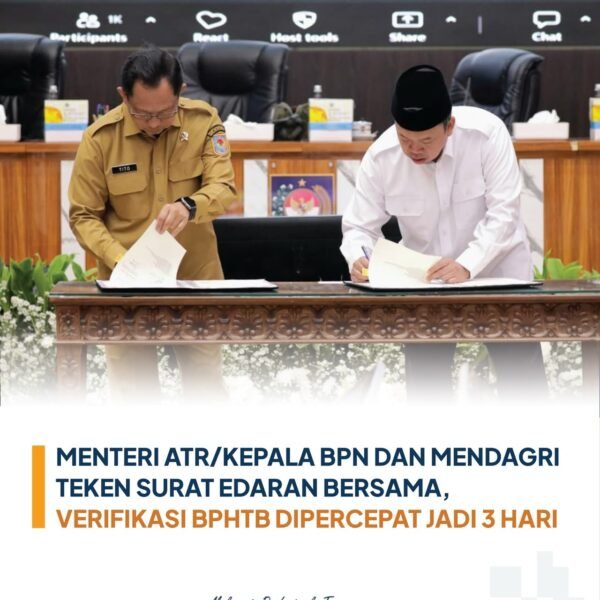 Menteri Agraria dan Tata Ruang/Kepala Badan Pertanahan Nasional (ATR/BPN), Nusron Wahid, bersama Menteri Dalam Negeri (Mendagri), Tito Karnavian, menandatangani Surat Edaran Bersama (SEB) terkait percepatan verifikasi dan validasi pembayaran Bea Perolehan Hak atas Tanah dan Bangunan (BPHTB) di daera