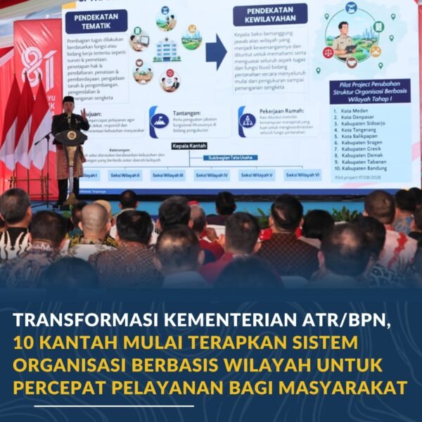 Kementerian Agraria dan Tata Ruang/Badan Pertanahan Nasional (ATR/BPN) menerapkan perubahan struktur organisasi Kantor Pertanahan (Kantah) dari pendekatan sektoral atau tematik menjadi berbasis wilayah. Perubahan mulai diterapkan pada 17 Agustus 2026 sebagai bagian dari transformasi organisasi untuk mempercepat pelayanan dan mendorong penanganan persoalan pertanahan yang lebih terintegrasi di daerah.