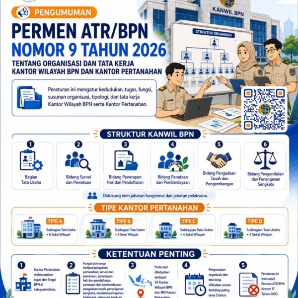 Telah dipublikasikan Peraturan Menteri Agraria dan Tata Ruang/Kepala Badan Pertanahan Nasional Nomor 9 Tahun 2026 tentang Organisasi dan Tata Kerja Kantor Wilayah BPN dan Kantor Pertanahan.