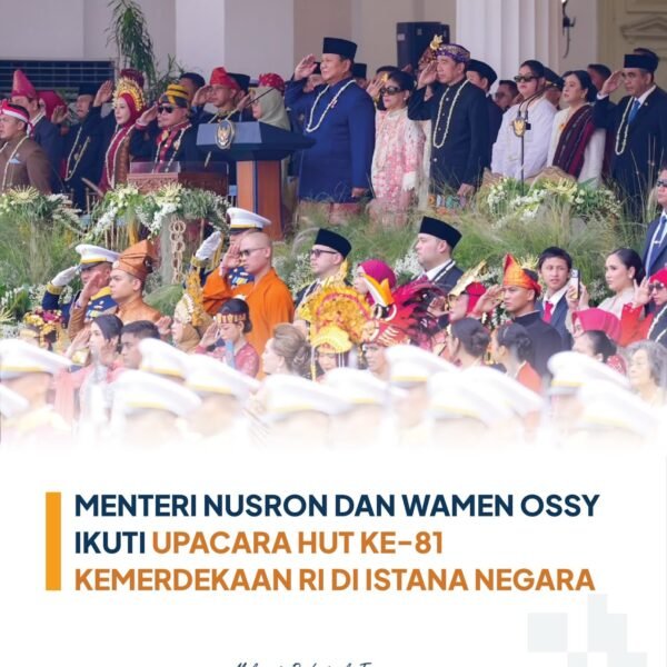 Menteri Agraria dan Tata Ruang/Kepala Badan Pertanahan Nasipnal (ATR/BPN), Nusron Wahid, bersama Wakil Menteri (Wamen) ATR/Wakil Kepala (Waka) BPN, Ossy Dermawan, mengikuti Upacara Peringatan HUT ke-81 Kemerdekaan Republik Indonesia (RI)