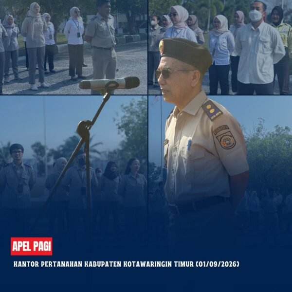 Apel Pagi Rutin yang dipimpin langsung oleh Bapak Fitriansyah, S.E., M.S.M.,selaku Kepala Sub Bagian Tata Usaha Pertanahan Kabupaten Kotawaringin Timur yang diikuti oleh seluruh pegawai Kantor Pertanahan Kabupaten Kotawaringin Timur